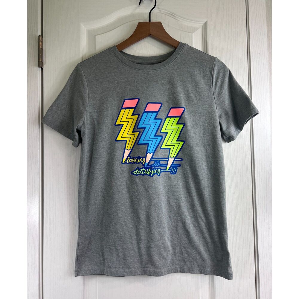 Cat & Jack Kids Graphic Tee Learning Is Electrifying Gray Cotton Polyester Sz XL